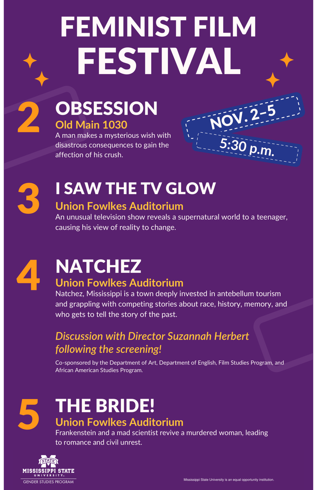Purple poster with the dates and names of the movies shown