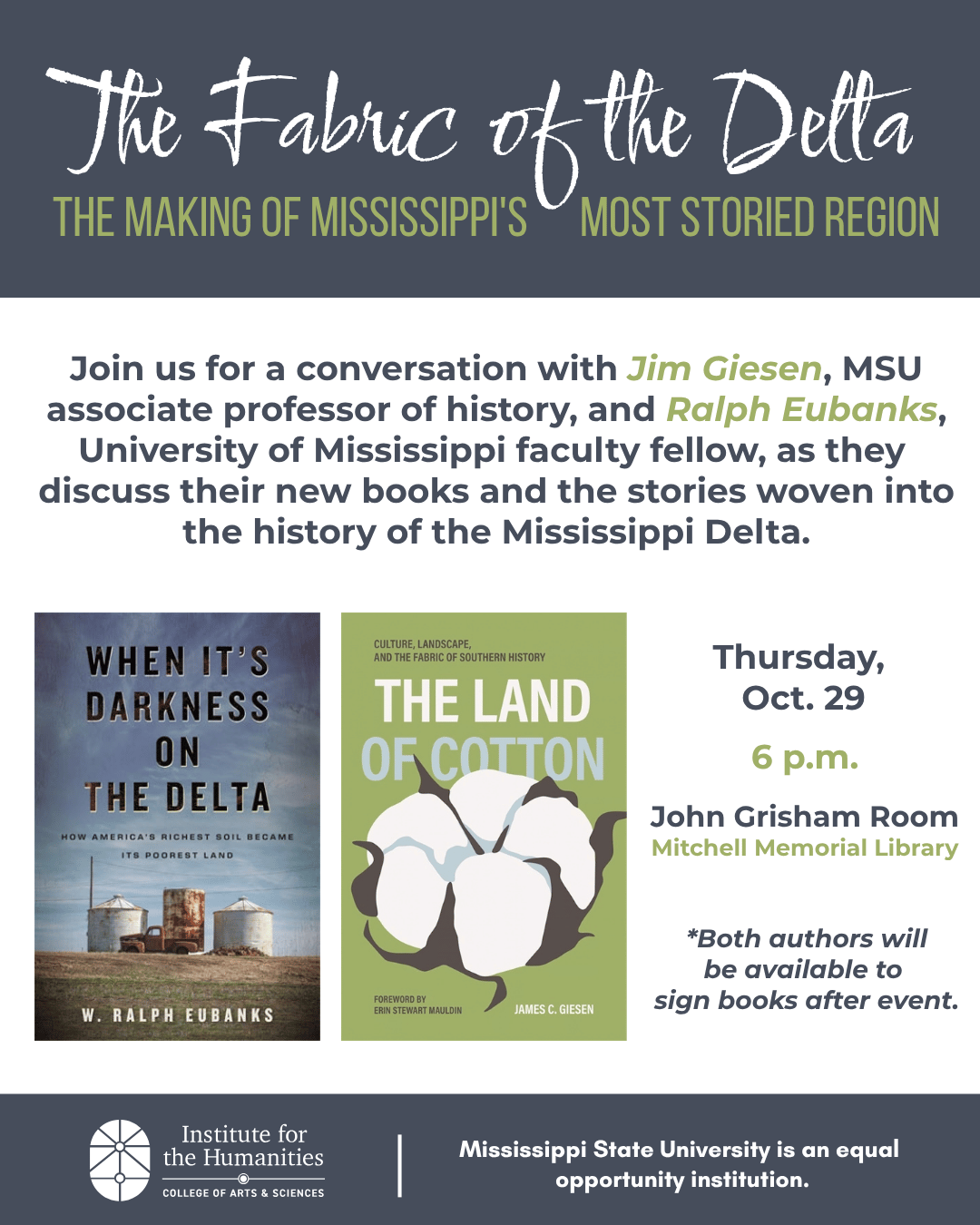 Poster announcing the Oct 29 Inst for the Humanities event with Jim Giesen and Ralph Eubanks