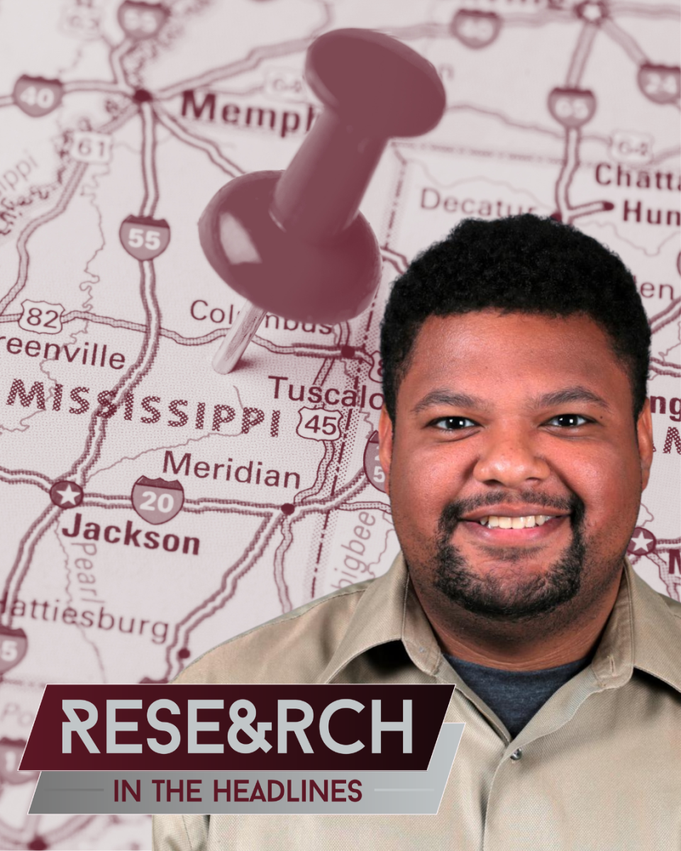 Mississippi State's Dr. Jesse Goliath in front of a graphic for Research in the Headlines