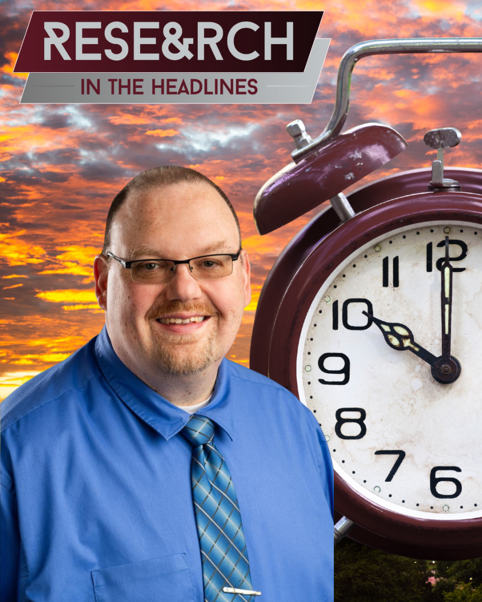 Mississippi State researcher Michael Nadorff in a graphic with a clock for Research in the Headlines
